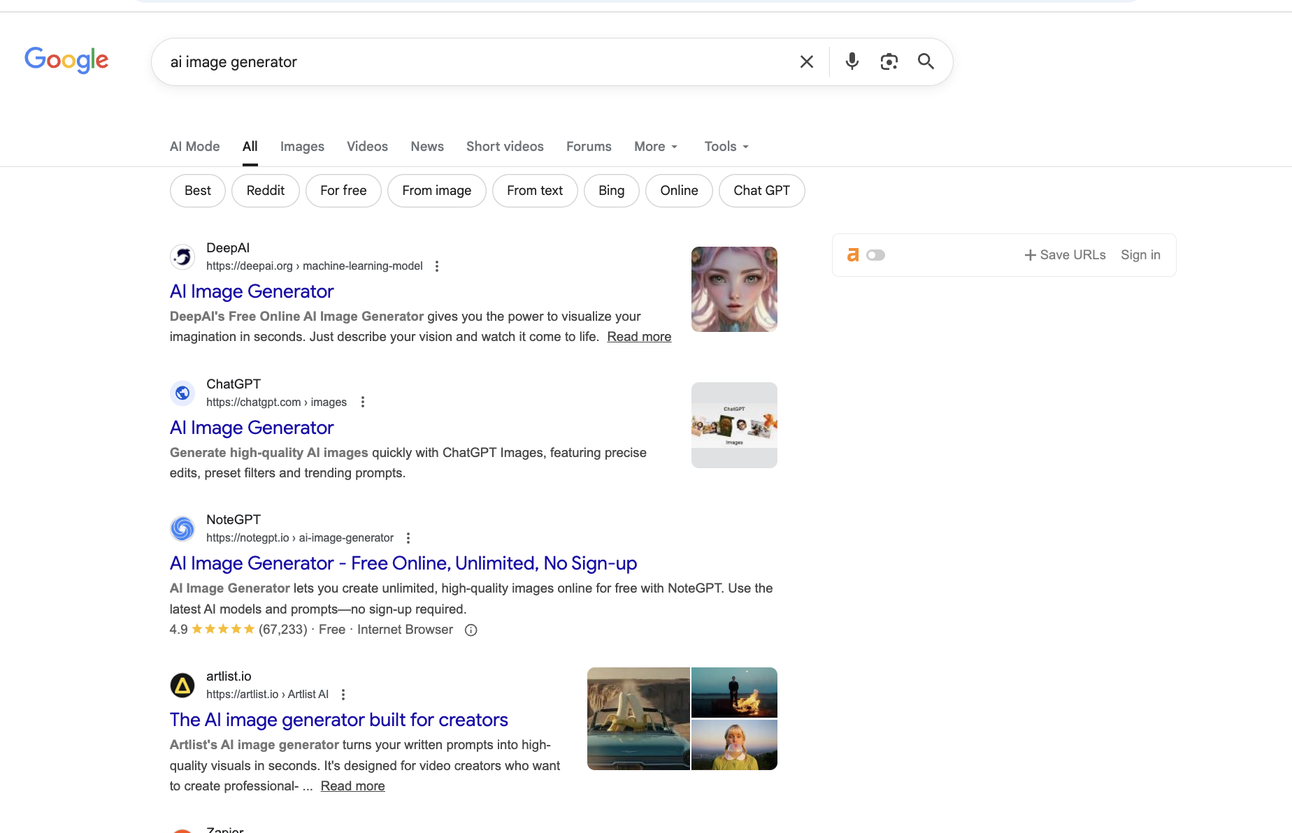 ChatGPT AI Image Generator appearing in Google search with generic globe icon