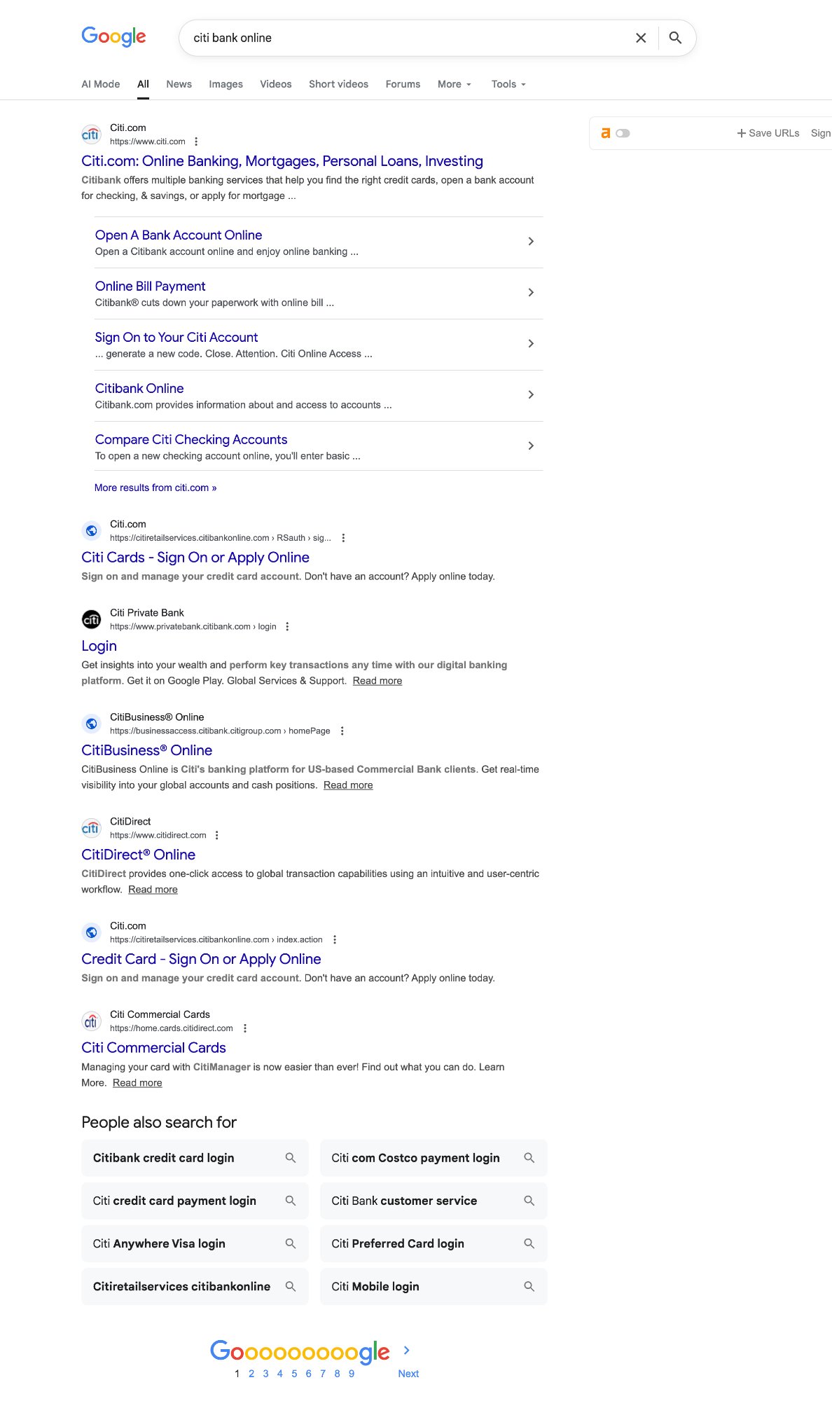 Citi bank search results showing mix of proper Citi favicons and generic globes across different subdomains