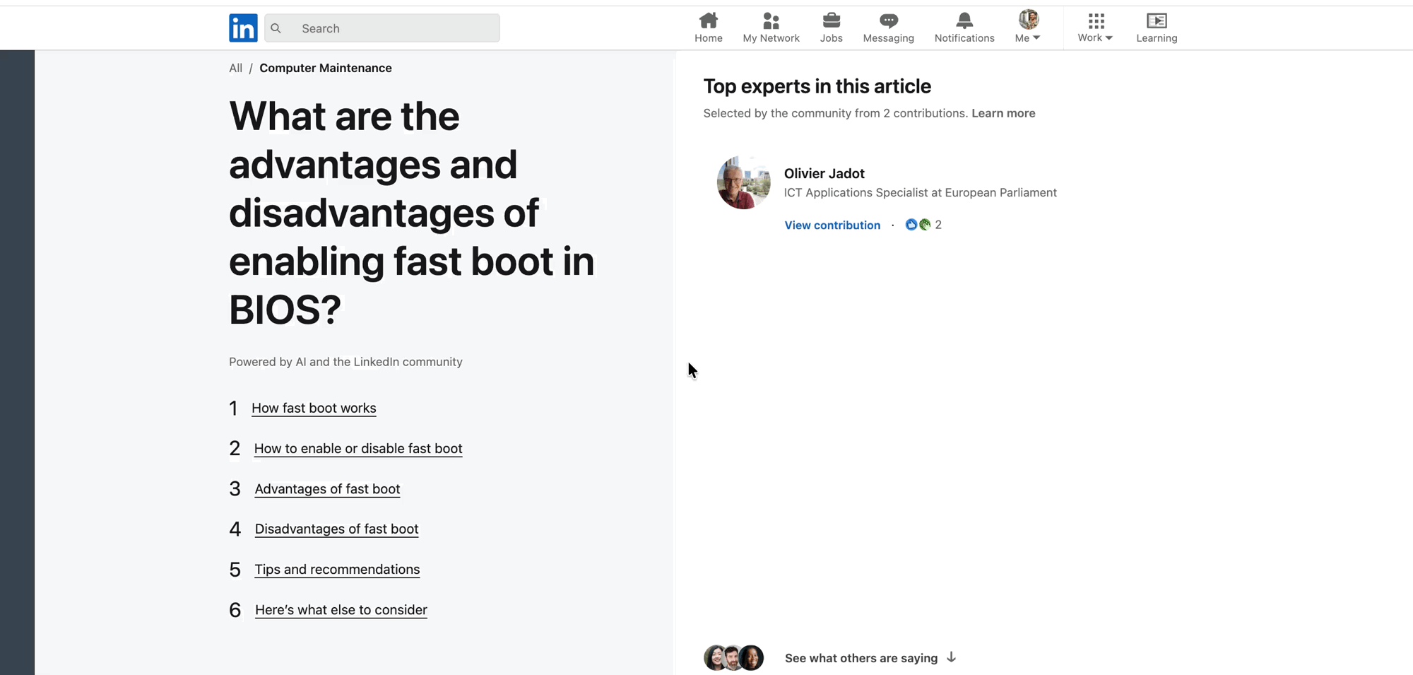 Screen recording of a LinkedIn collaborative article (/advice/) page showing an AI-generated question with short crowdsourced professional answers