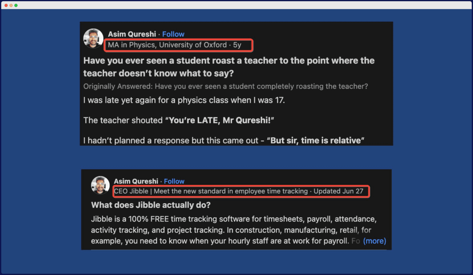 Example of credential customization on Quora