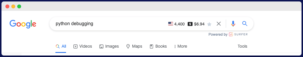 Google search volume for python debugging