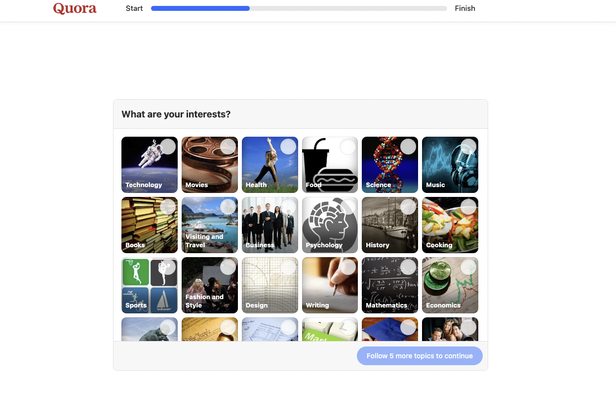 Selecting interests when setting up Quora profile