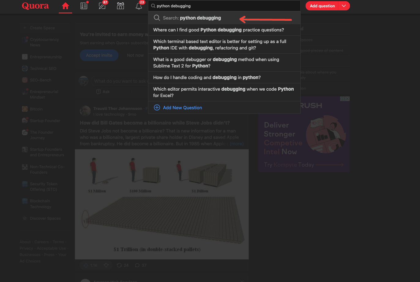 Searching for questions on Quora